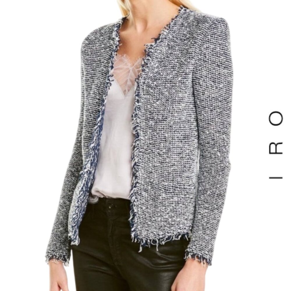 IRO | Azure Fringe Blazer Jacket Open Front in Tweed Blue and White, EU 36/ US M